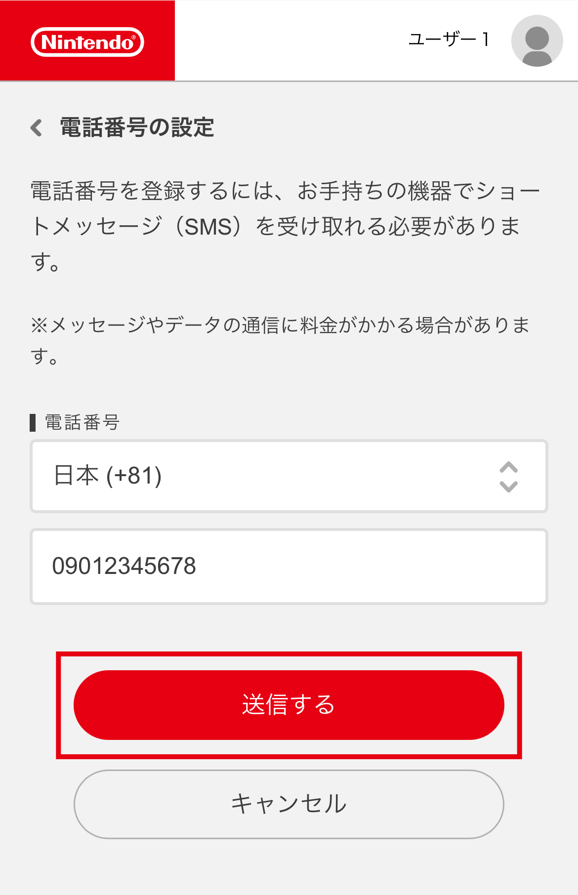 登録したい電話番号を入力し、「送信する」を選択します。