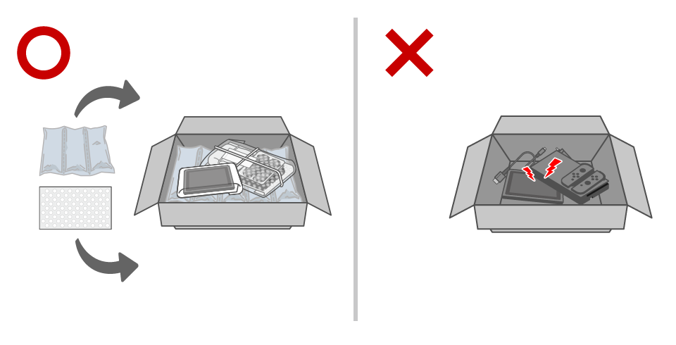 本体やJoy-Con等に傷や破損が発生しないように、クッション材や不要な柔らかい布で保護してください。